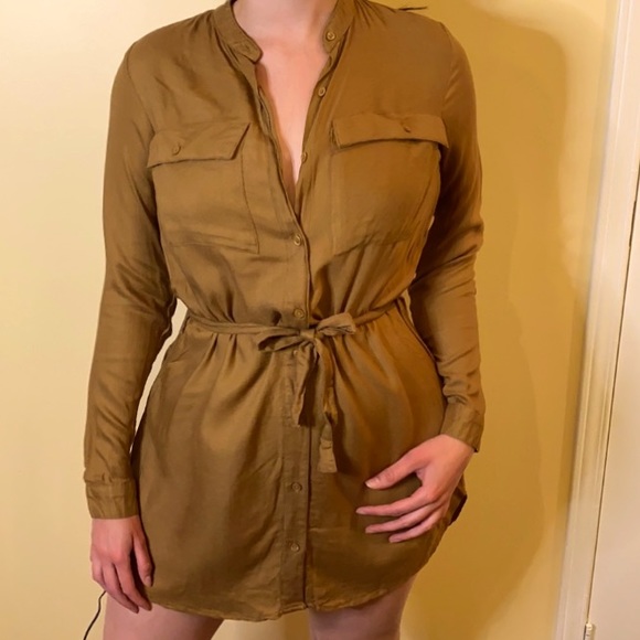 LIKE NEW brown H&M button up shirt dress w belt - Picture 1 of 5